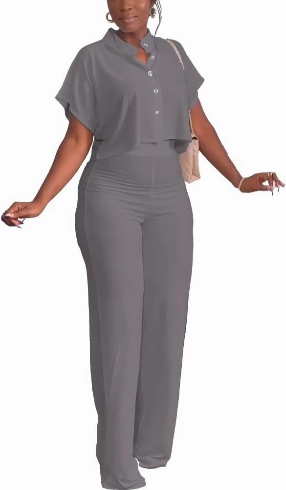 HBQ Women's Summer 2 Piece Outfits Casual Tracksuit Short Sleeve Button Down Crop Top Wide Leg Long Pant Lounge Sets