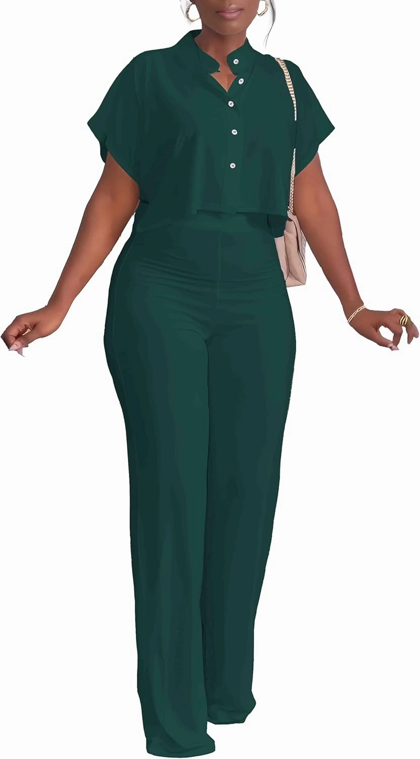 HBQ Women's Summer 2 Piece Outfits Casual Tracksuit Short Sleeve Button Down Crop Top Wide Leg Long Pant Lounge Sets
