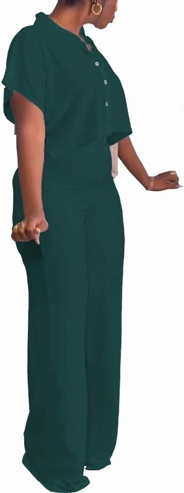 HBQ Women's Summer 2 Piece Outfits Casual Tracksuit Short Sleeve Button Down Crop Top Wide Leg Long Pant Lounge Sets