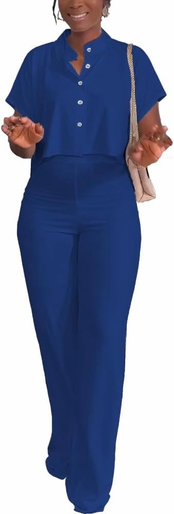 HBQ Women's Summer 2 Piece Outfits Casual Tracksuit Short Sleeve Button Down Crop Top Wide Leg Long Pant Lounge Sets
