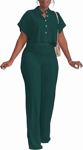 HBQ Women's Summer 2 Piece Outfits Casual Tracksuit Short Sleeve Button Down Crop Top Wide Leg Long Pant Lounge Sets