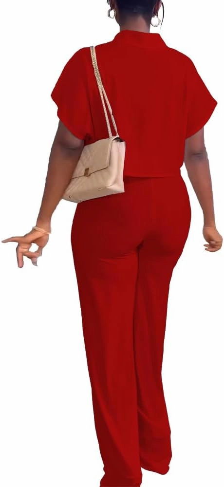 HBQ Women's Summer 2 Piece Outfits Casual Tracksuit Short Sleeve Button Down Crop Top Wide Leg Long Pant Lounge Sets