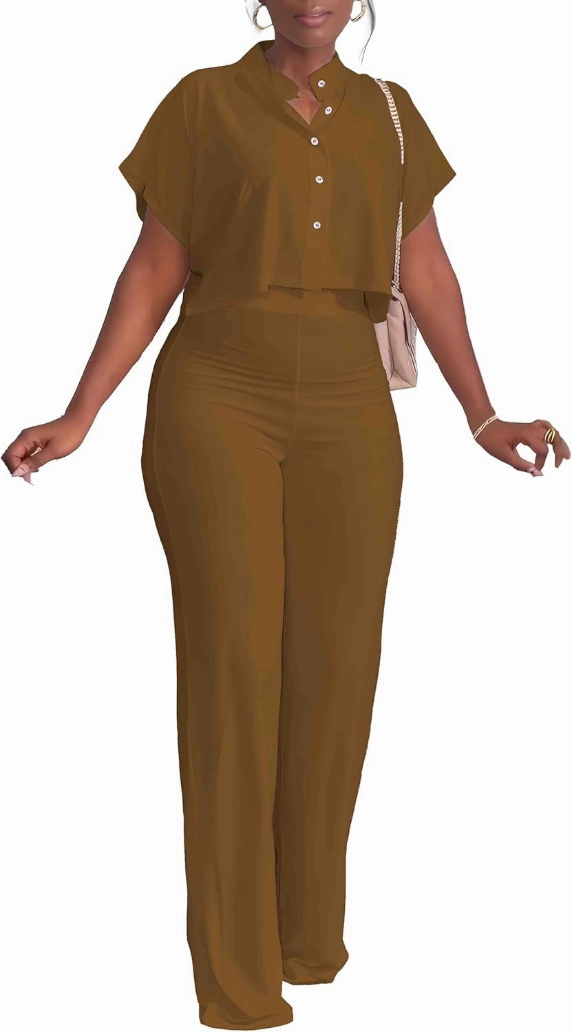 HBQ Women's Summer 2 Piece Outfits Casual Tracksuit Short Sleeve Button Down Crop Top Wide Leg Long Pant Lounge Sets