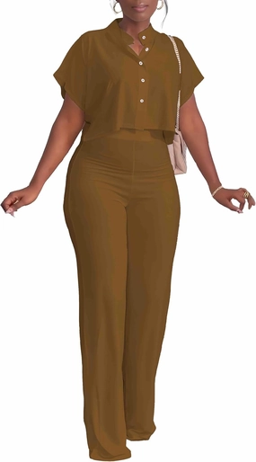 HBQ Women's Summer 2 Piece Outfits Casual Tracksuit Short Sleeve Button Down Crop Top Wide Leg Long Pant Lounge Sets