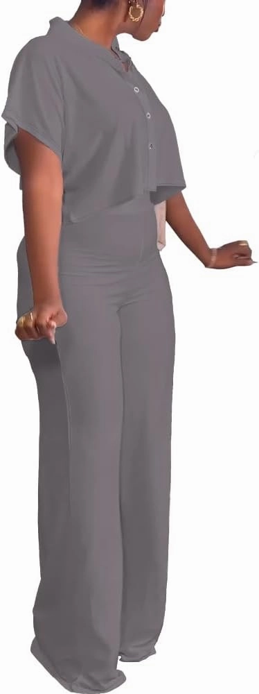 HBQ Women's Summer 2 Piece Outfits Casual Tracksuit Short Sleeve Button Down Crop Top Wide Leg Long Pant Lounge Sets