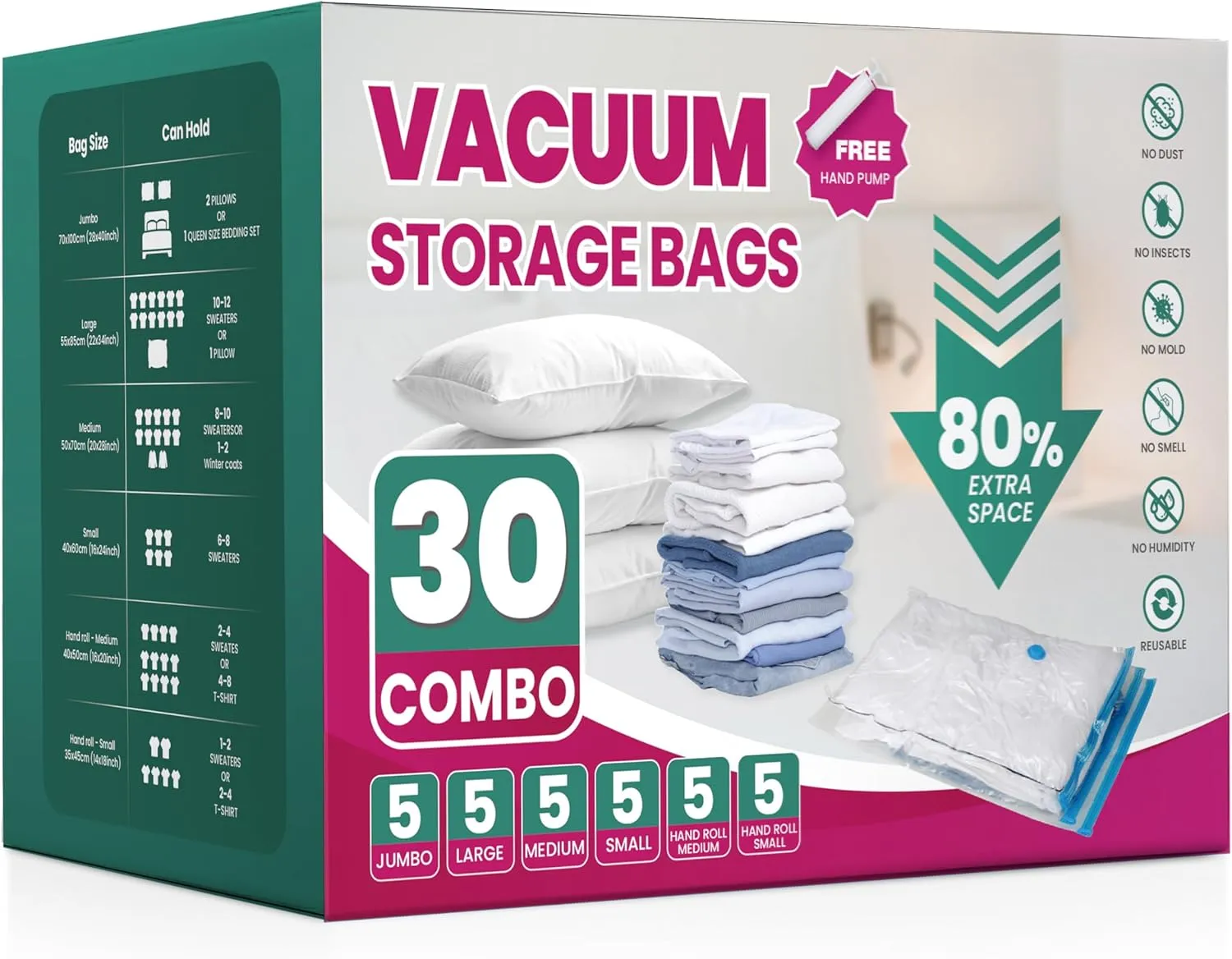 HealSmart 30 Pack Space Saver Bags (5 Jumbo/5 L/5 M/5 S/5 Roll M/5 Roll S) 80% Space Saver Bags with Travelling Pump for Quilts and Blankets Storage