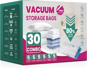 HealSmart 30 Pack Space Saver Bags (5 Jumbo/5 L/5 M/5 S/5 Roll M/5 Roll S) 80% Space Saver Bags with Travelling Pump for Quilts and Blankets Storage