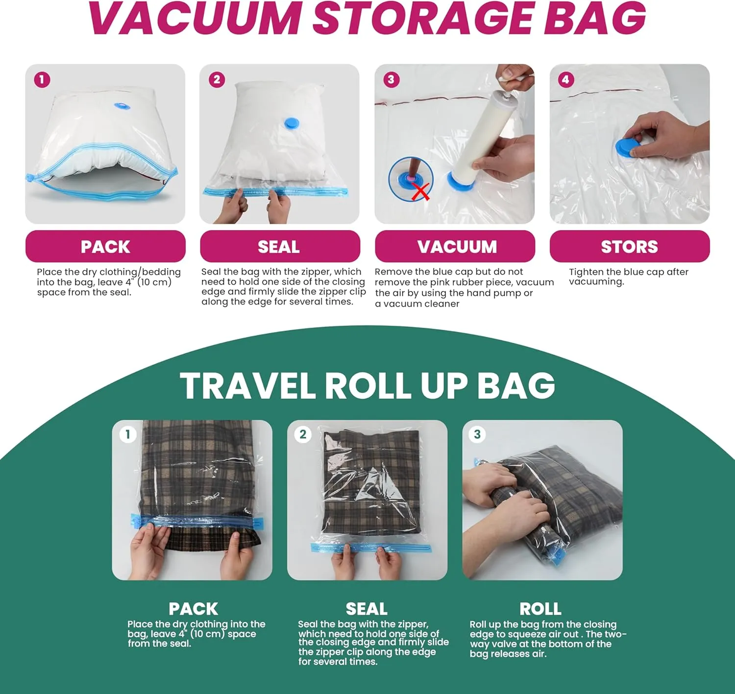 HealSmart 30 Pack Space Saver Bags (5 Jumbo/5 L/5 M/5 S/5 Roll M/5 Roll S) 80% Space Saver Bags with Travelling Pump for Quilts and Blankets Storage
