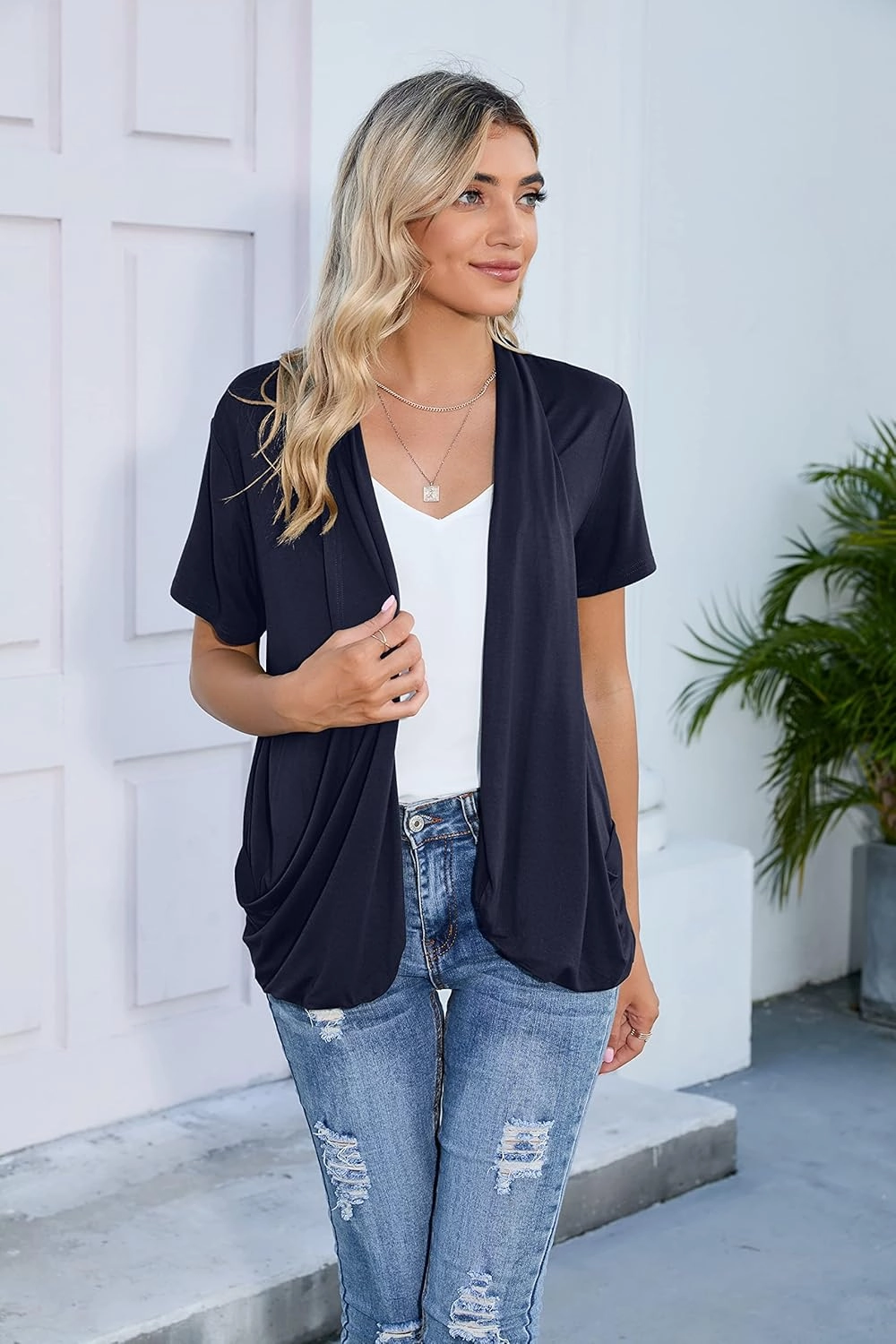 HIYIYEZI Open Front Cardigan Sweaters for Women with Pockets Lightweight Short Sleeve Ruffle Front Kimono Cardigan Duster