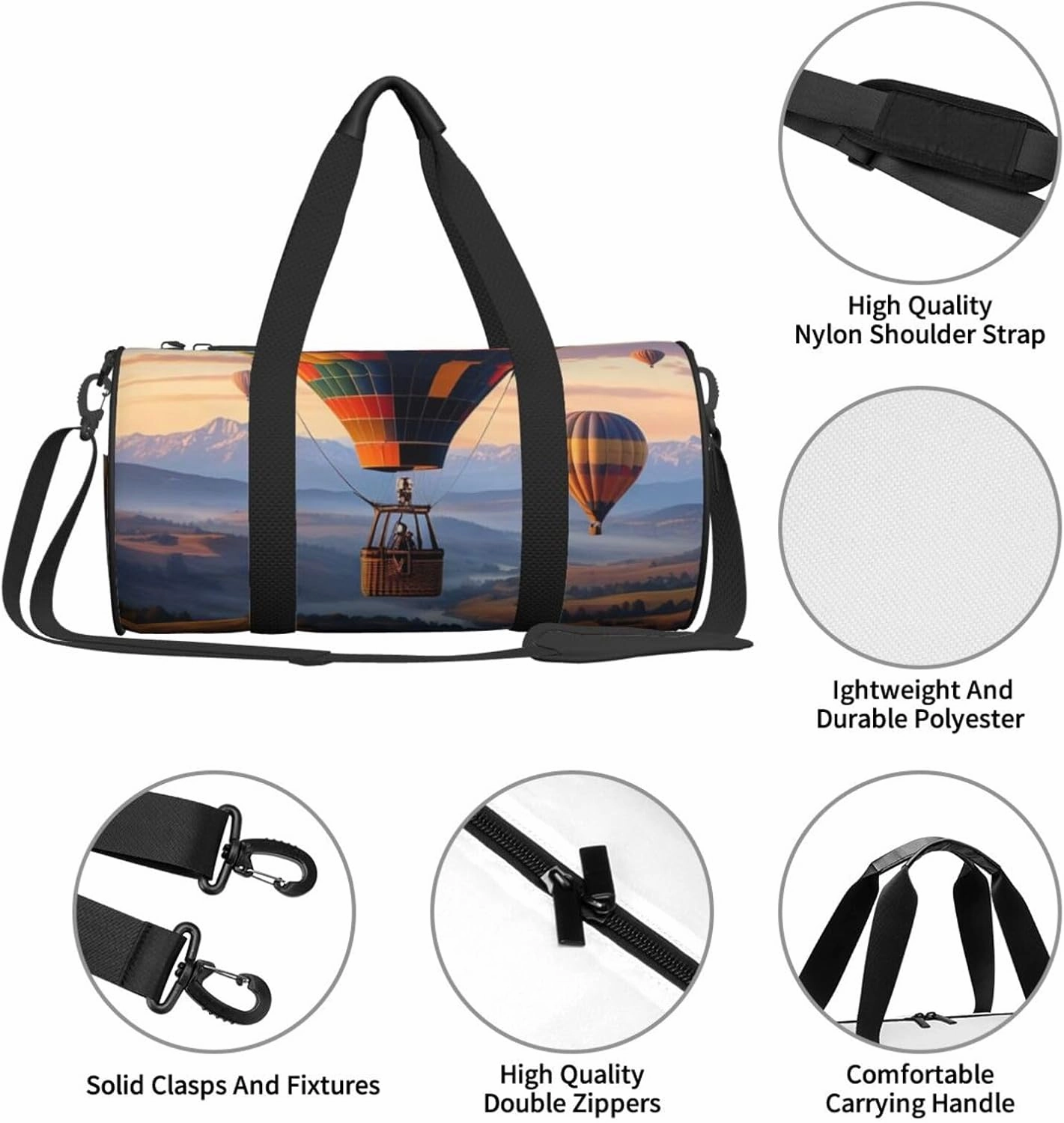 Hot Air Balloon Printed Travel Bag,Round Personal Item Storage bag,Foldie Duffel Bag for Traveling Vacation,Fitness,Sports