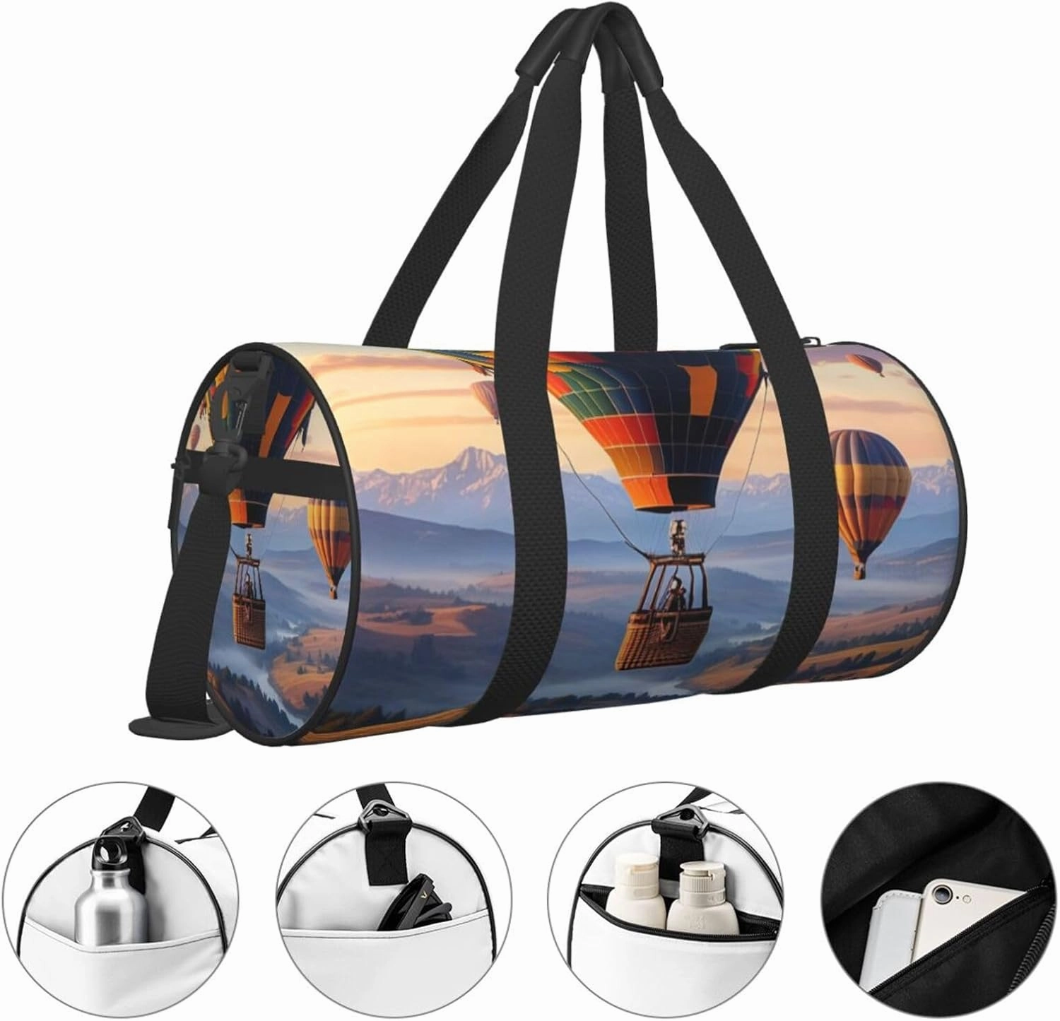 Hot Air Balloon Printed Travel Bag,Round Personal Item Storage bag,Foldie Duffel Bag for Traveling Vacation,Fitness,Sports