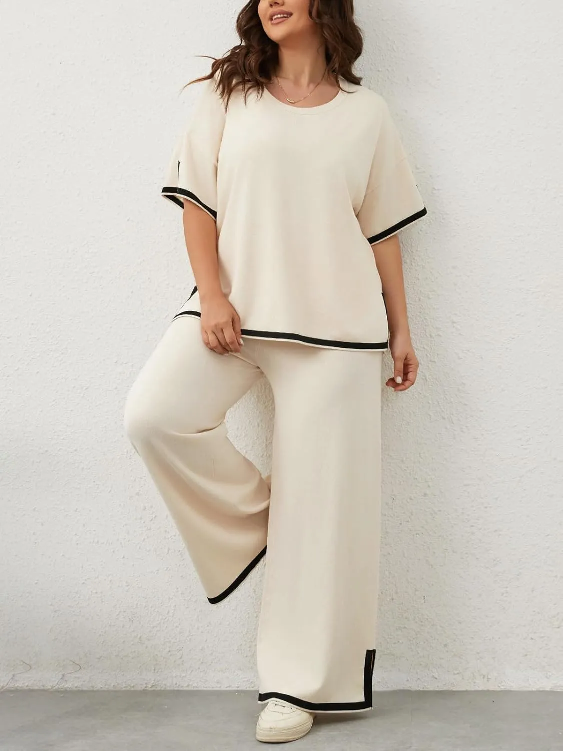 Imily Bela Womens Plus Size Lounge Sets 2 Piece Outfits Short Sleeve Pullover Tops Wide Leg Pants Summer Travel Outfits