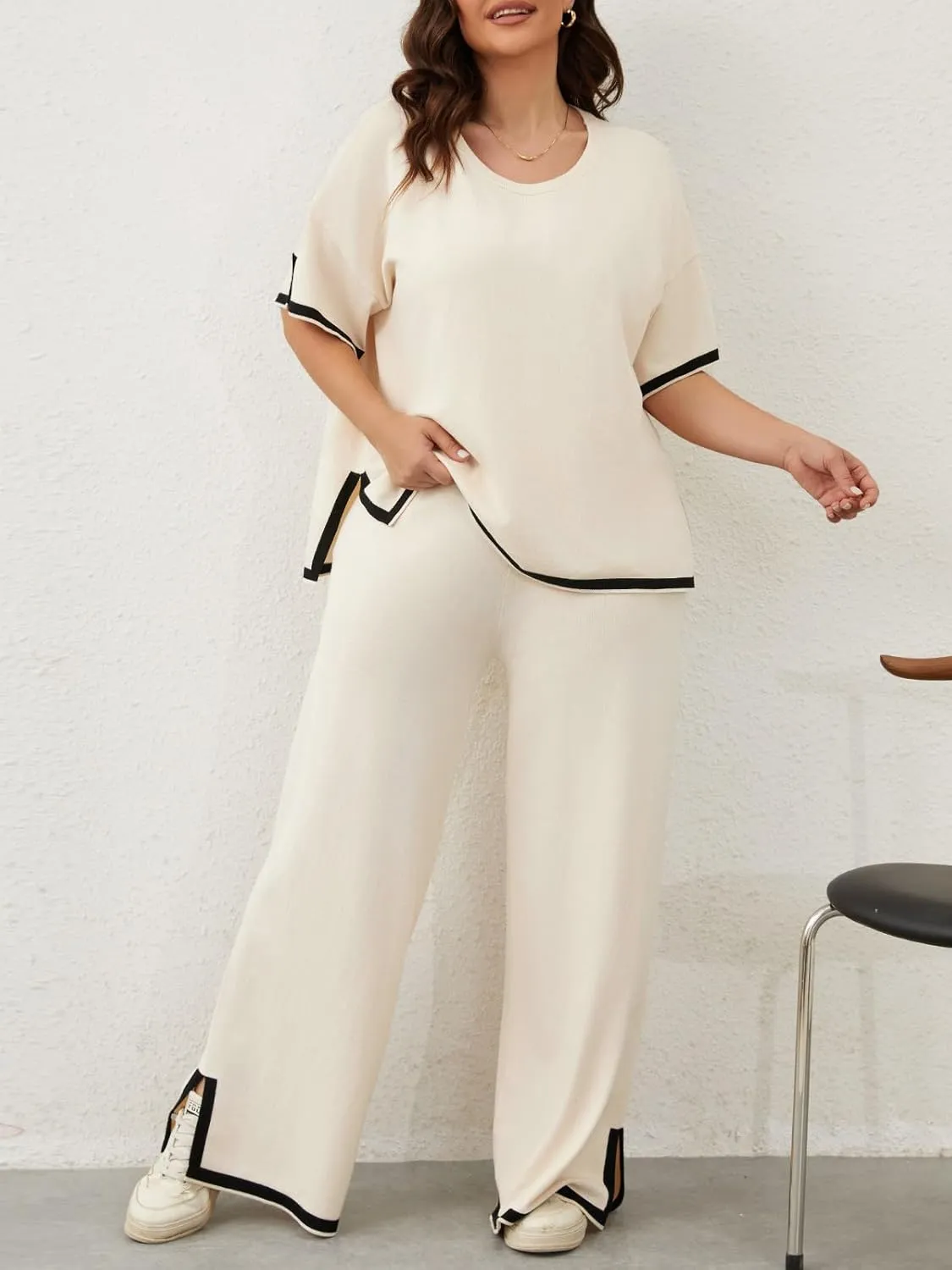 Imily Bela Womens Plus Size Lounge Sets 2 Piece Outfits Short Sleeve Pullover Tops Wide Leg Pants Summer Travel Outfits
