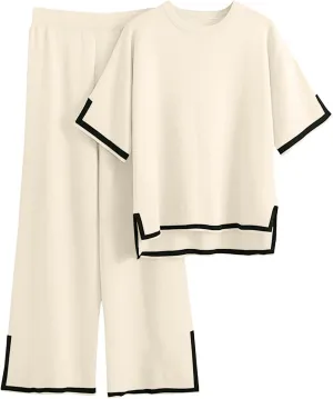 Imily Bela Womens Plus Size Lounge Sets 2 Piece Outfits Short Sleeve Pullover Tops Wide Leg Pants Summer Travel Outfits