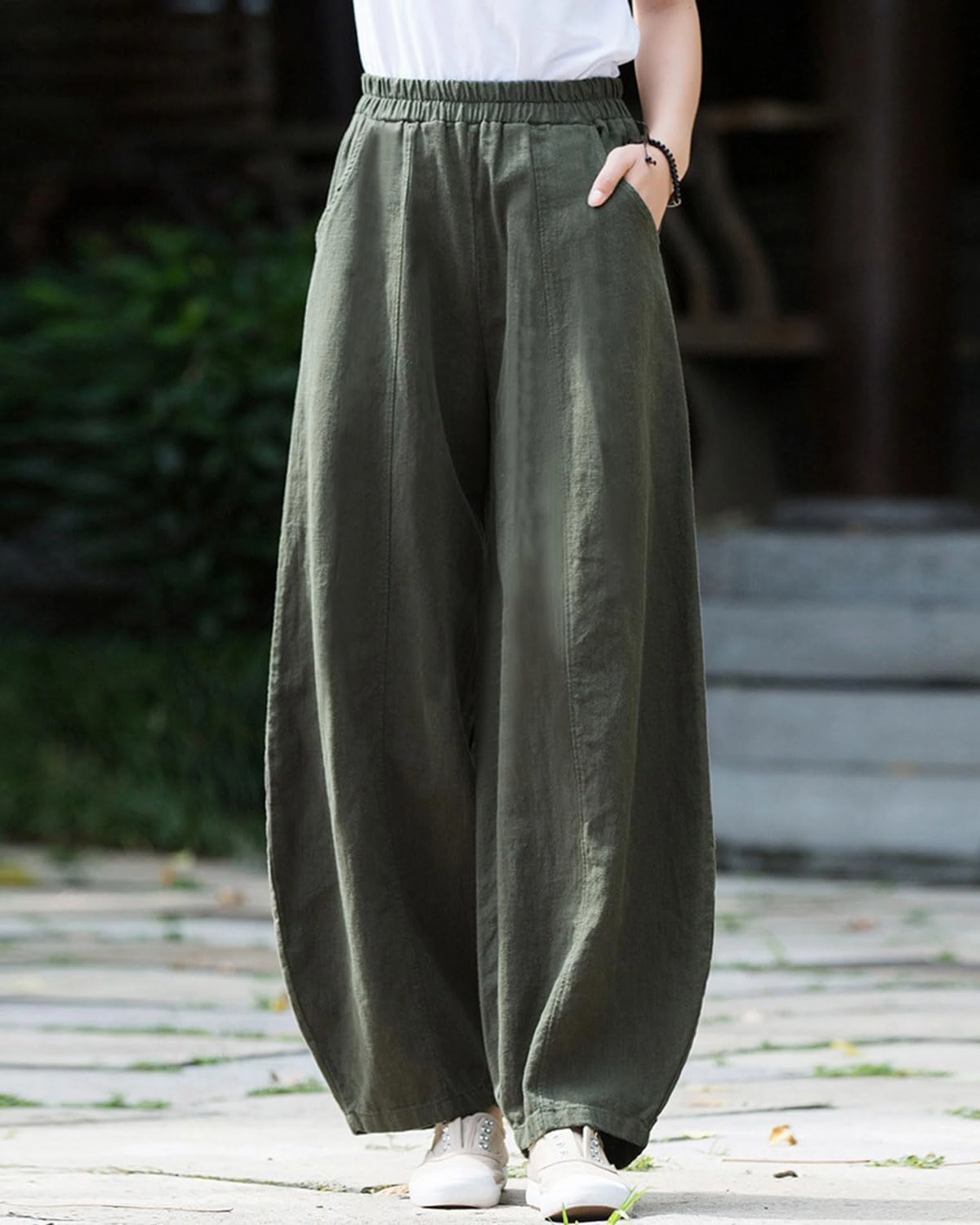 IXIMO Women's Casual Cotton Linen Baggy Pants with Elastic Waist Relax Fit Lantern Trouser