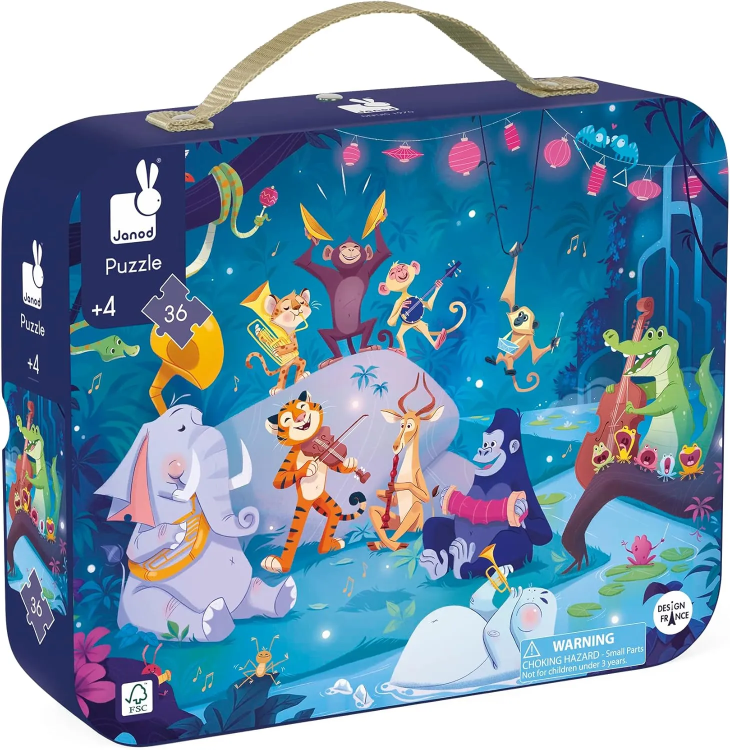 Janod 36 Piece Children’s Jigsaw Puzzle - Summer Festivities - Giftable Carrying Case with Fabric Handle - Whimsical Jungle Concert - Ages 4-8 Years - J02539