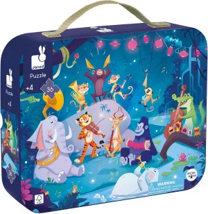 Janod 36 Piece Children’s Jigsaw Puzzle - Summer Festivities - Giftable Carrying Case with Fabric Handle - Whimsical Jungle Concert - Ages 4-8 Years - J02539