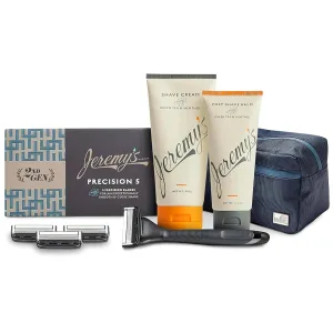 Jeremy’s Razors for Men, Precision 5 Shaving Kit, 4 Razor Cartridges, Shave Cream 6oz with Aloe   Cocoa Butter, Post Shave Balm 3.4oz, Ergonomic Grip Handle, Travel Bag, 8 Piece Set