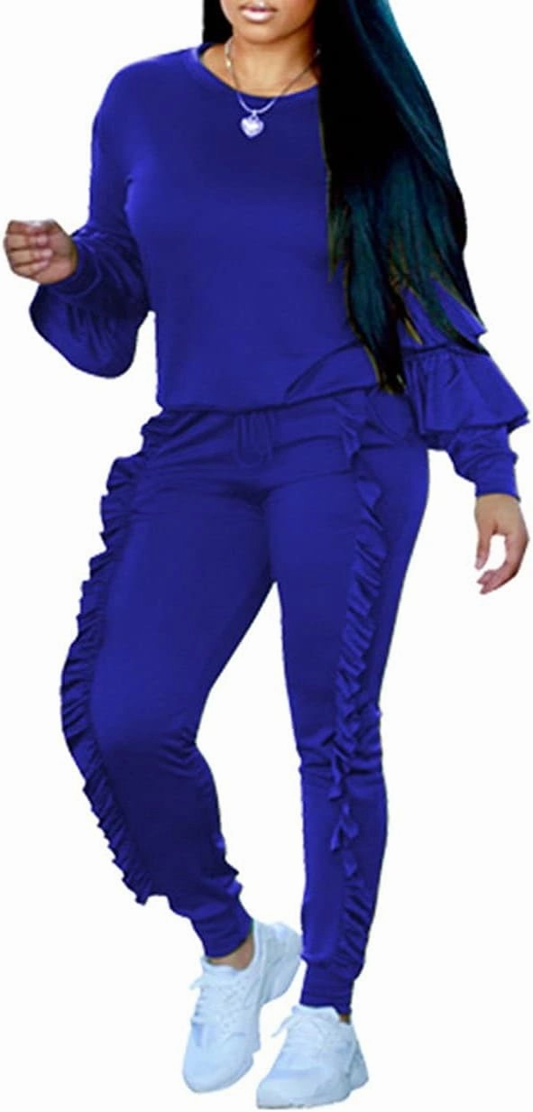 KANSOON Women 2 Pieces Outfits Puff Sleeve Top and Long Flounced Pants Sweatsuits Set Tracksuits