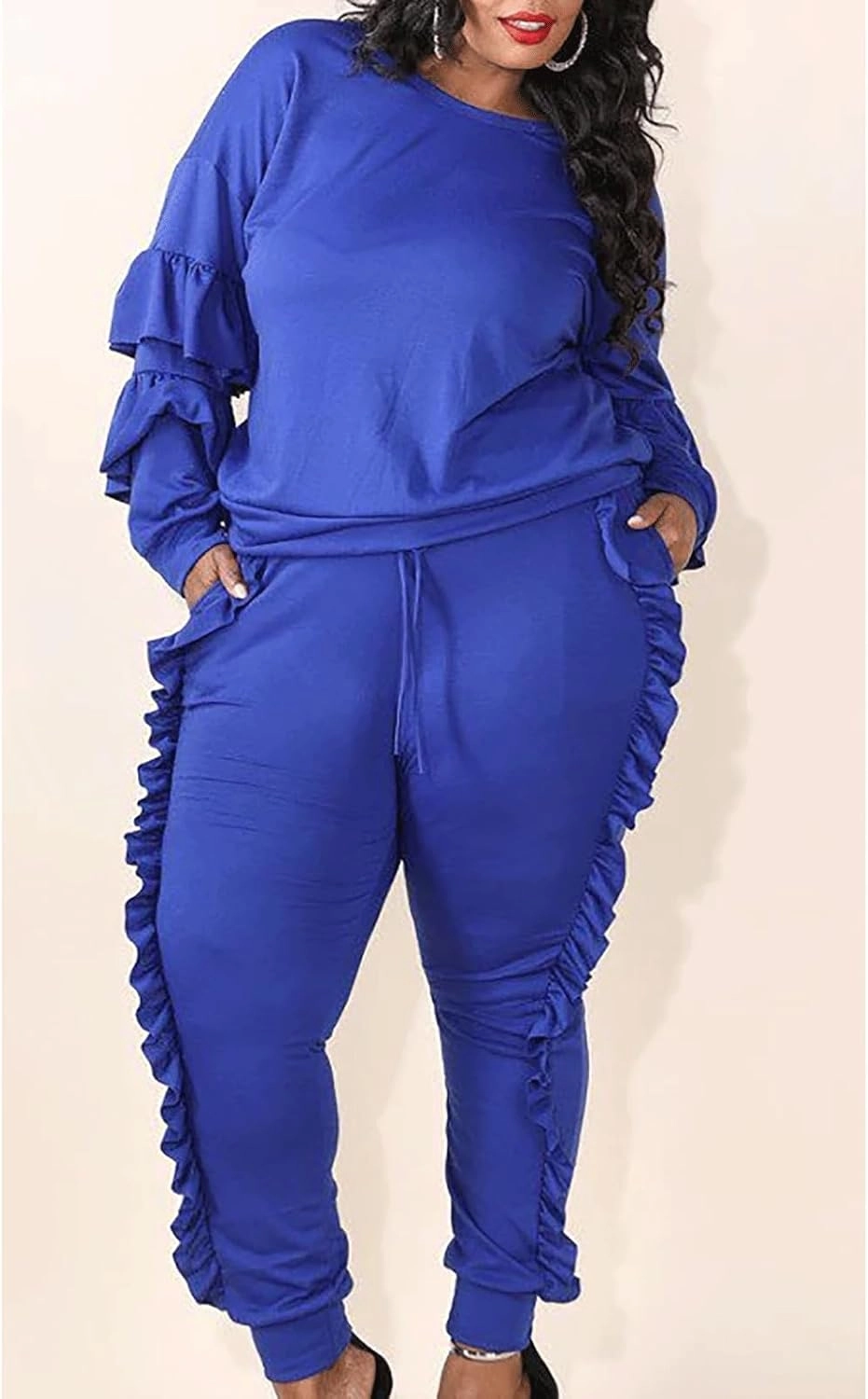 KANSOON Women 2 Pieces Outfits Puff Sleeve Top and Long Flounced Pants Sweatsuits Set Tracksuits