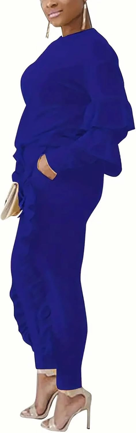 KANSOON Women 2 Pieces Outfits Puff Sleeve Top and Long Flounced Pants Sweatsuits Set Tracksuits