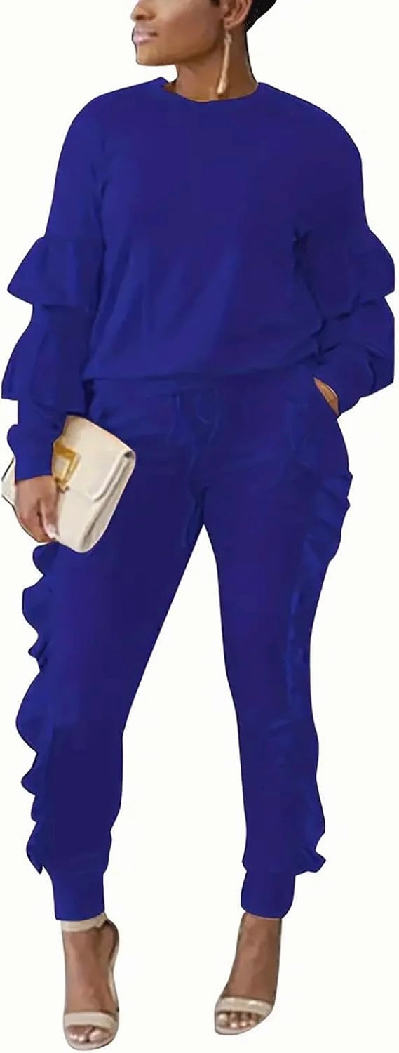 KANSOON Women 2 Pieces Outfits Puff Sleeve Top and Long Flounced Pants Sweatsuits Set Tracksuits