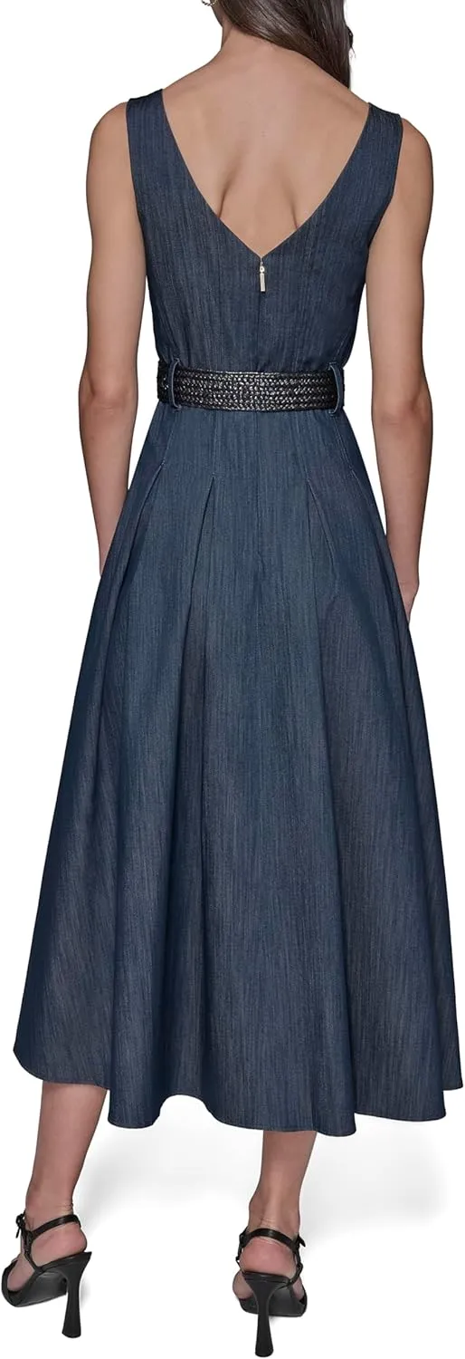 Karl Lagerfeld Paris Women's Belted V Neck Sleeveless Maxi Dress