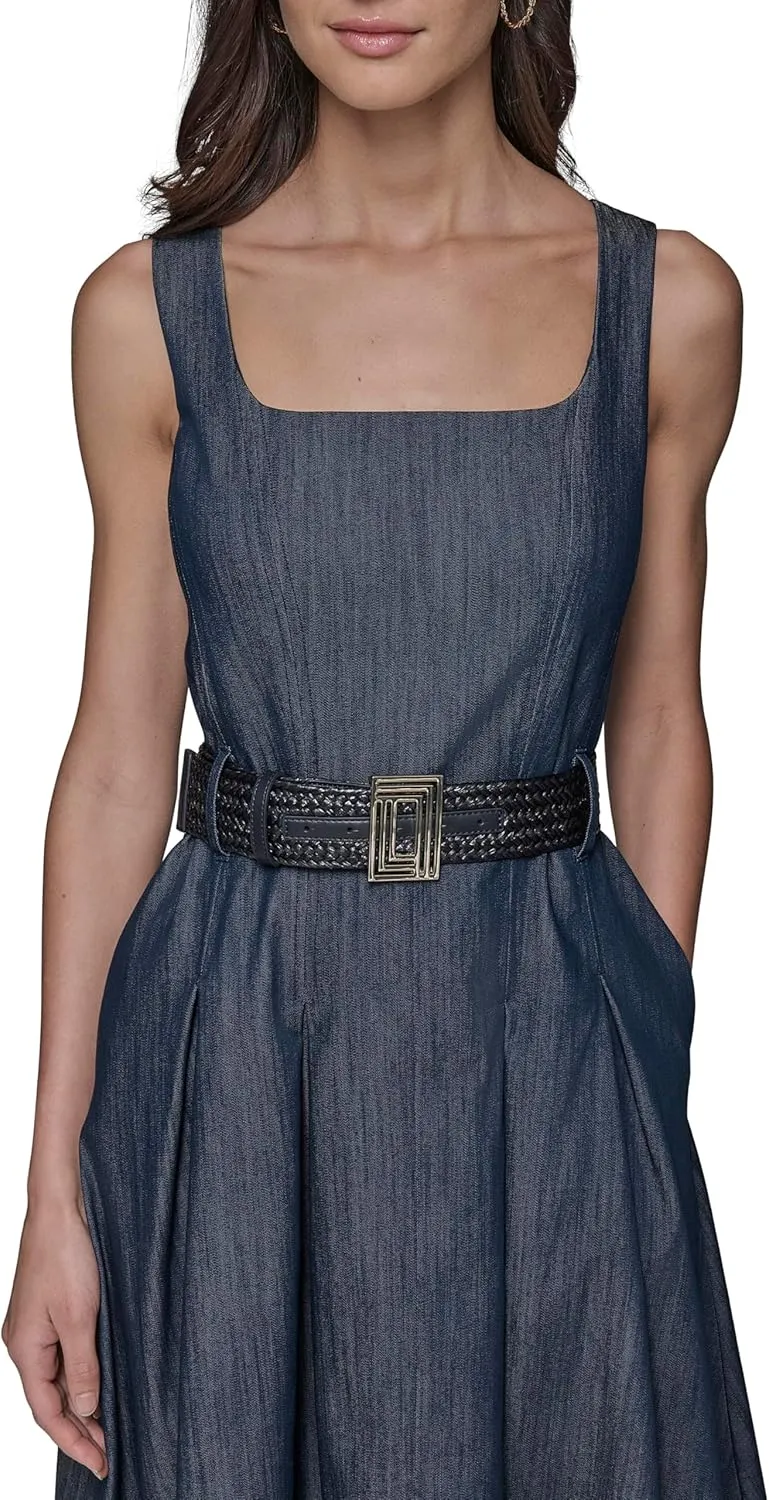 Karl Lagerfeld Paris Women's Belted V Neck Sleeveless Maxi Dress