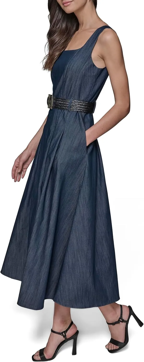 Karl Lagerfeld Paris Women's Belted V Neck Sleeveless Maxi Dress