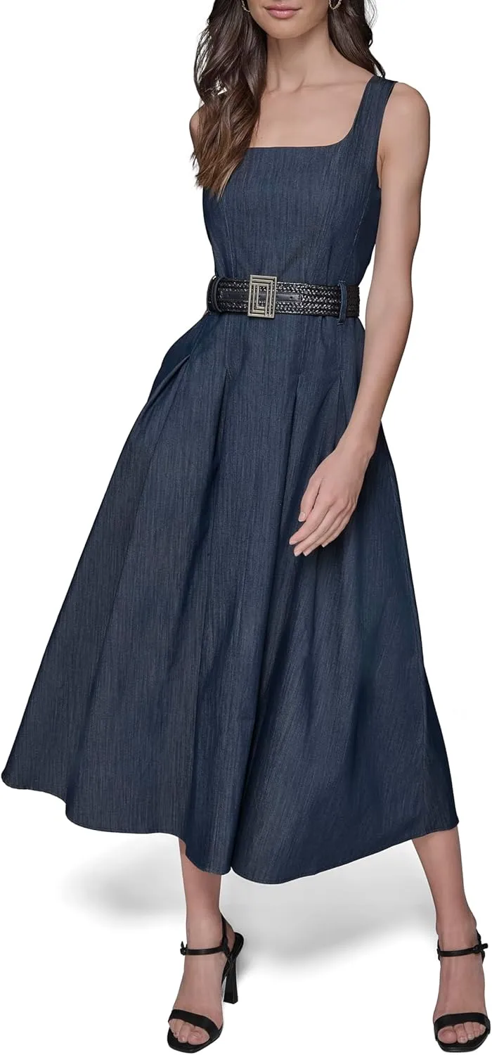 Karl Lagerfeld Paris Women's Belted V Neck Sleeveless Maxi Dress