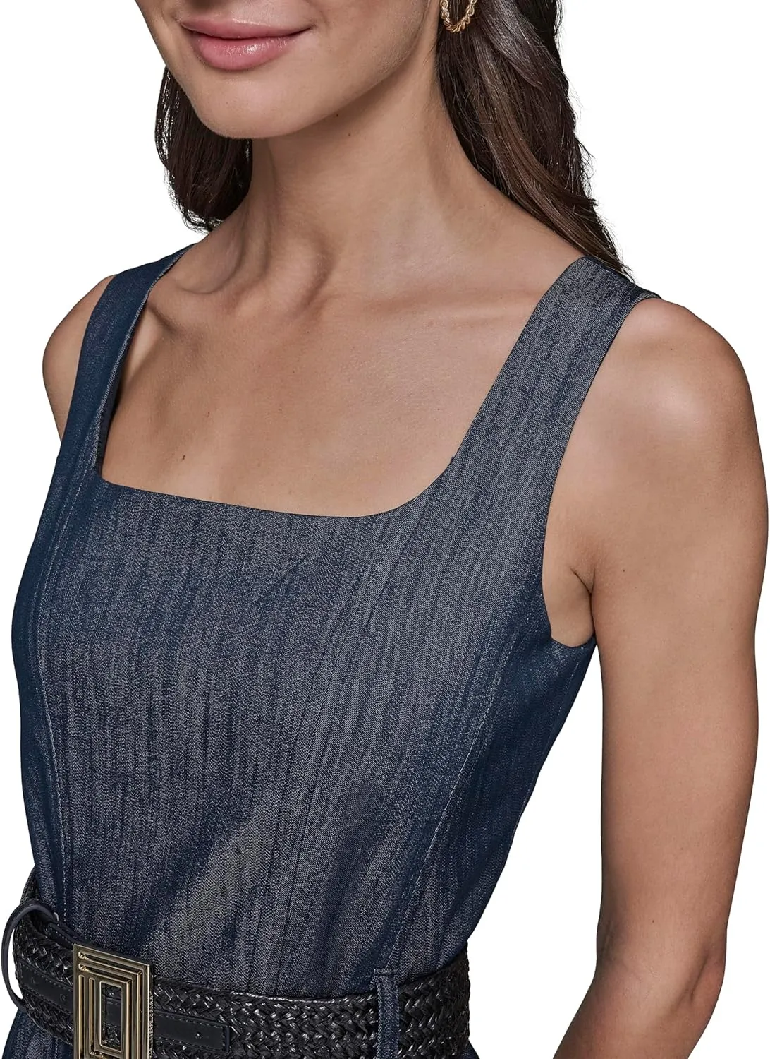 Karl Lagerfeld Paris Women's Belted V Neck Sleeveless Maxi Dress