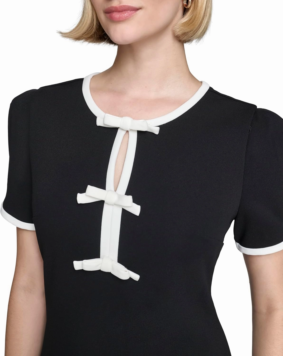 Karl Lagerfeld Paris Women's Bow Details Puff Sleeve Round Neck a Line Dress