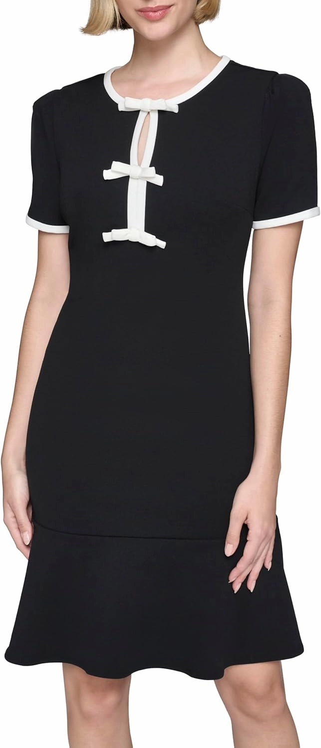 Karl Lagerfeld Paris Women's Bow Details Puff Sleeve Round Neck a Line Dress