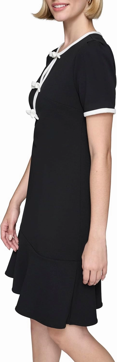 Karl Lagerfeld Paris Women's Bow Details Puff Sleeve Round Neck a Line Dress
