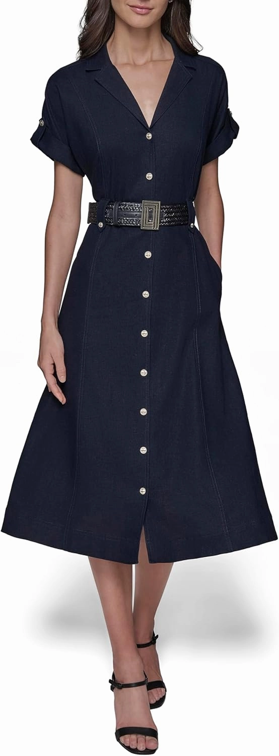 Karl Lagerfeld Paris Women's Light Collared Short Sleeve Midi Dress
