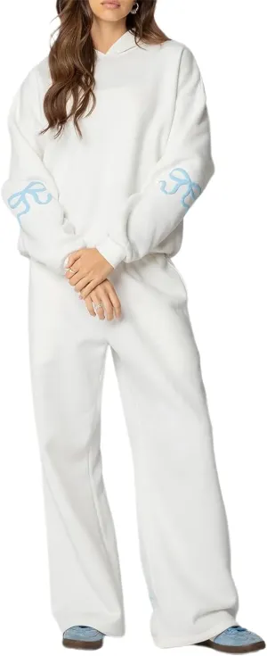 Karwuiio Women Bow Print 2 Piece Outfits Long Sleeve Oversized Sweatshirt Hoodie Wide Leg Sweatpants Set Sweatsuits