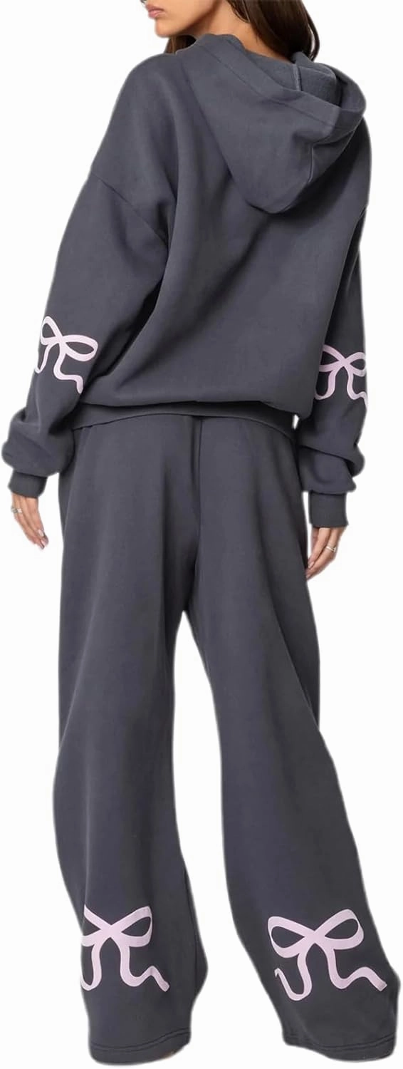 Karwuiio Women Bow Print 2 Piece Outfits Long Sleeve Oversized Sweatshirt Hoodie Wide Leg Sweatpants Set Sweatsuits
