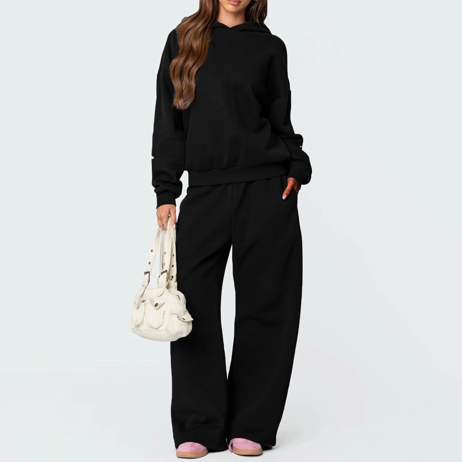 Karwuiio Women Bow Print 2 Piece Outfits Long Sleeve Oversized Sweatshirt Hoodie Wide Leg Sweatpants Set Sweatsuits