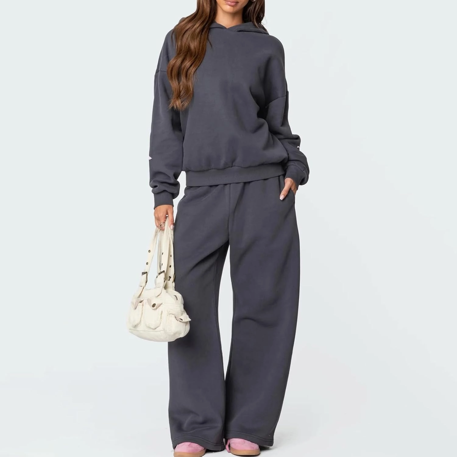 Karwuiio Women Bow Print 2 Piece Outfits Long Sleeve Oversized Sweatshirt Hoodie Wide Leg Sweatpants Set Sweatsuits