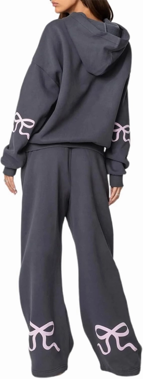 Karwuiio Women Bow Print 2 Piece Outfits Long Sleeve Oversized Sweatshirt Hoodie Wide Leg Sweatpants Set Sweatsuits