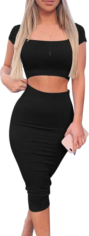 Kaximil Women's Sexy Bodycon Midi Club Dresses Basic Casual 2 Piece Outfits Crop Top Skirt Set