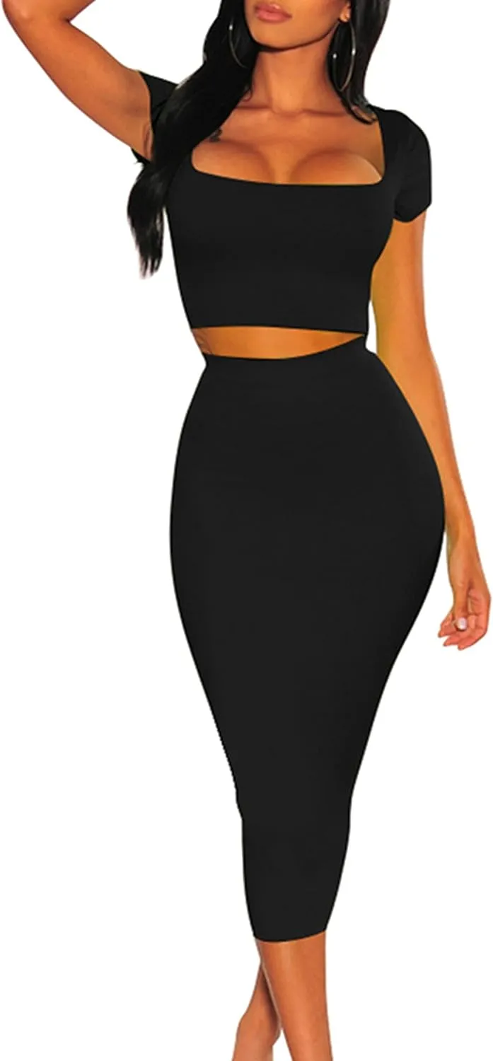 Kaximil Women's Sexy Bodycon Midi Club Dresses Basic Casual 2 Piece Outfits Crop Top Skirt Set