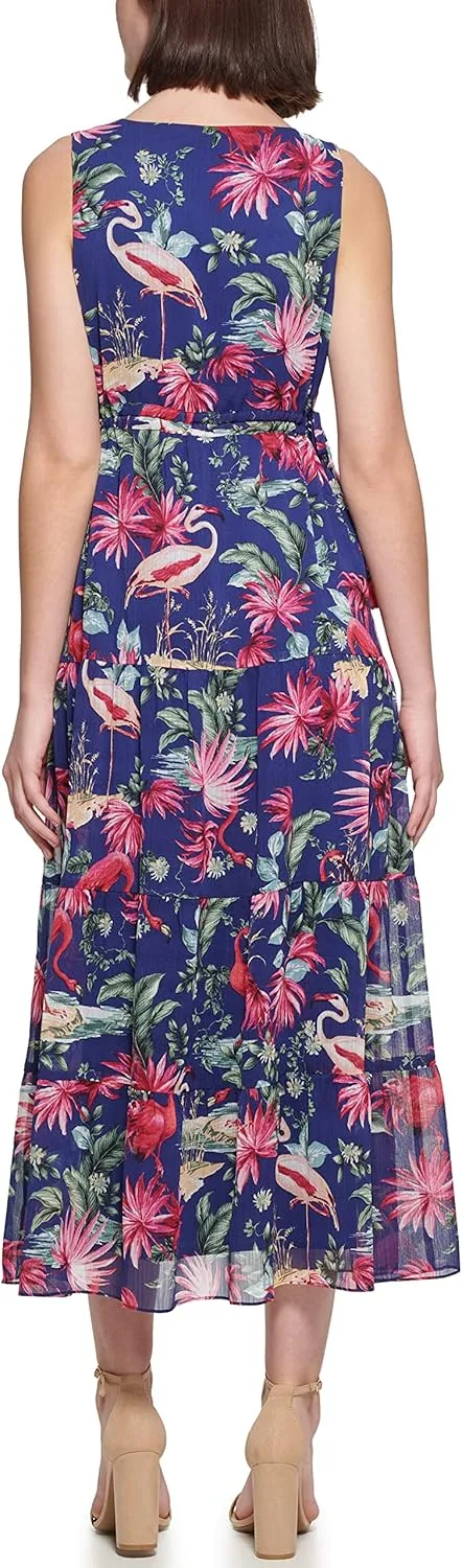 kensie Women's Sleeveless Ruffle Hem Midi Dress
