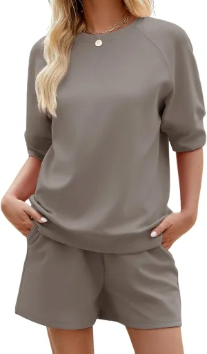 KFUBUO Women's 2 Piece Lounge Sets Summer Matching Outfits Short Sleeve Top and Shorts Loungewear