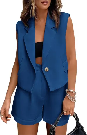 KIRUNDO 2 Piece Sets for Women Summer Outfits Business Casual Vest and Shorts Set Lightweight Sleeveless Matching Clothes