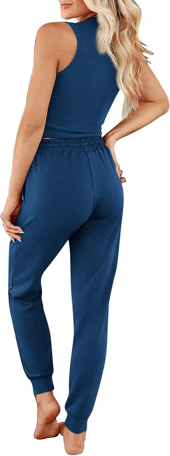 KIRUNDO 3 Piece Lounge Sets for Women Airplane Travel Outfits Casual Cardigan Sleeveless Top Pants Sets Matching Clothing