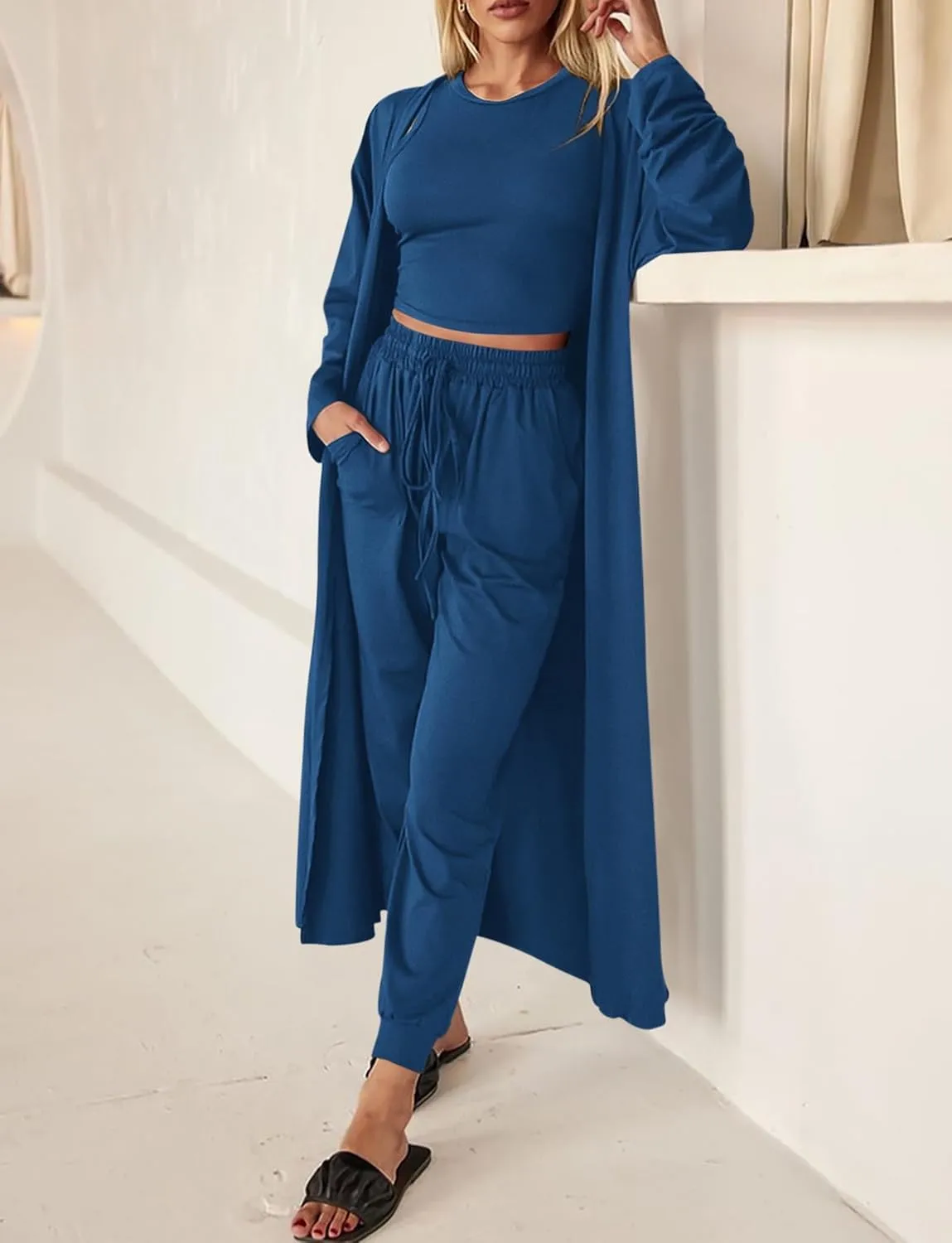 KIRUNDO 3 Piece Lounge Sets for Women Airplane Travel Outfits Casual Cardigan Sleeveless Top Pants Sets Matching Clothing