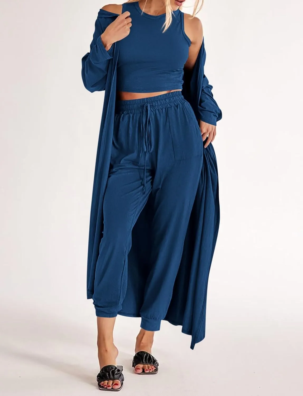 KIRUNDO 3 Piece Lounge Sets for Women Airplane Travel Outfits Casual Cardigan Sleeveless Top Pants Sets Matching Clothing