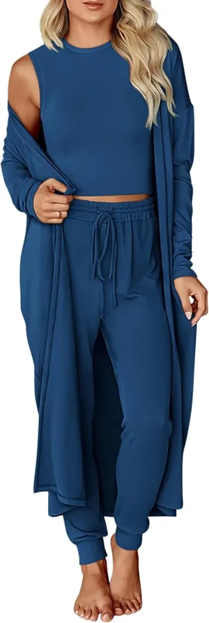 KIRUNDO 3 Piece Lounge Sets for Women Airplane Travel Outfits Casual Cardigan Sleeveless Top Pants Sets Matching Clothing