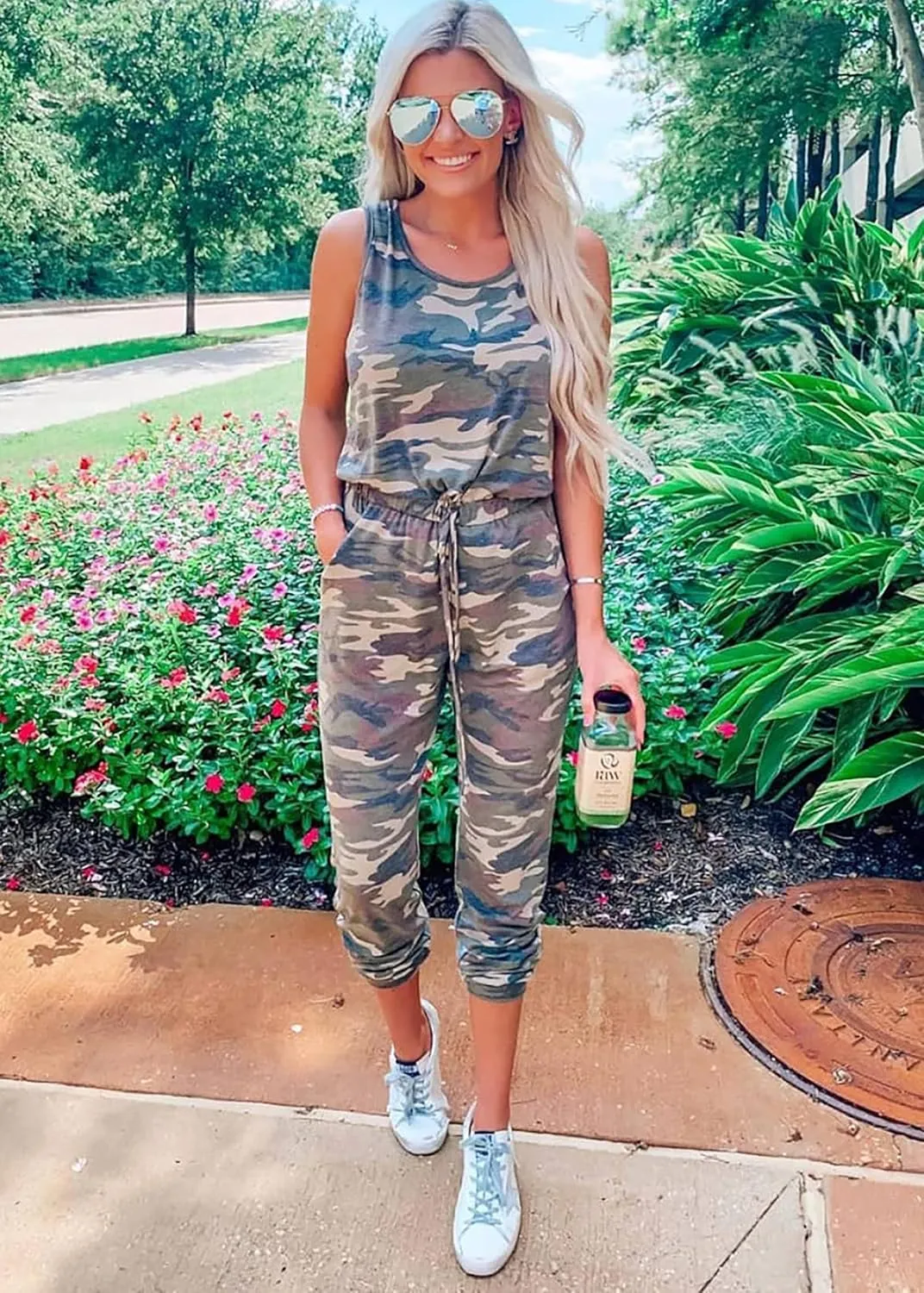 KIRUNDO Women 2025 Summer Jumpsuits Casual Sleeveless Drawstring Elastic Waist Romper Vacation Cruise Airport Travel Outfits